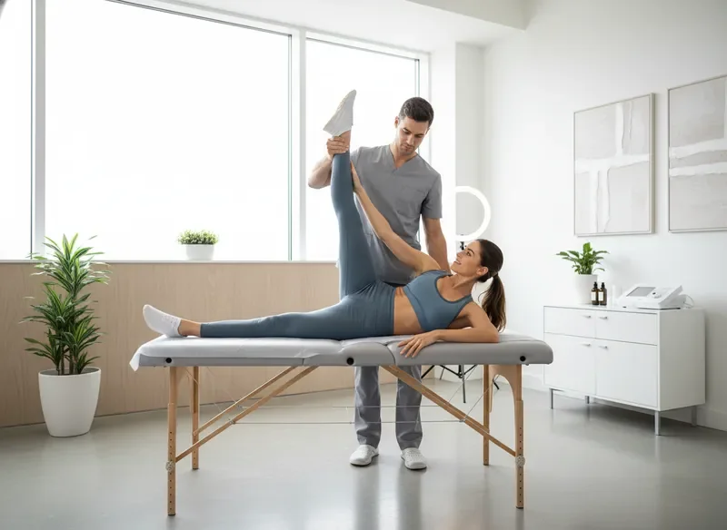 ספורטאי במהלך טיפול שיקום ומתיחה במרפאה מקצועית